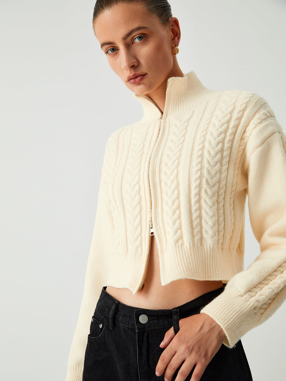 Cable Knit Two Way Zip Crop Cardigan
