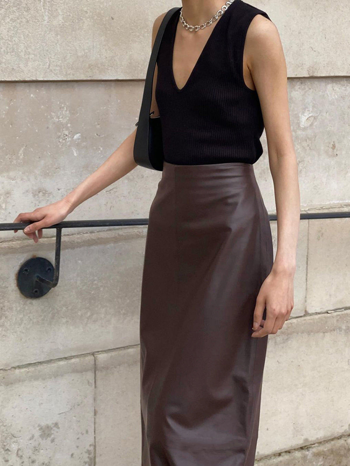 Essential Leather Slit Midi Skirt