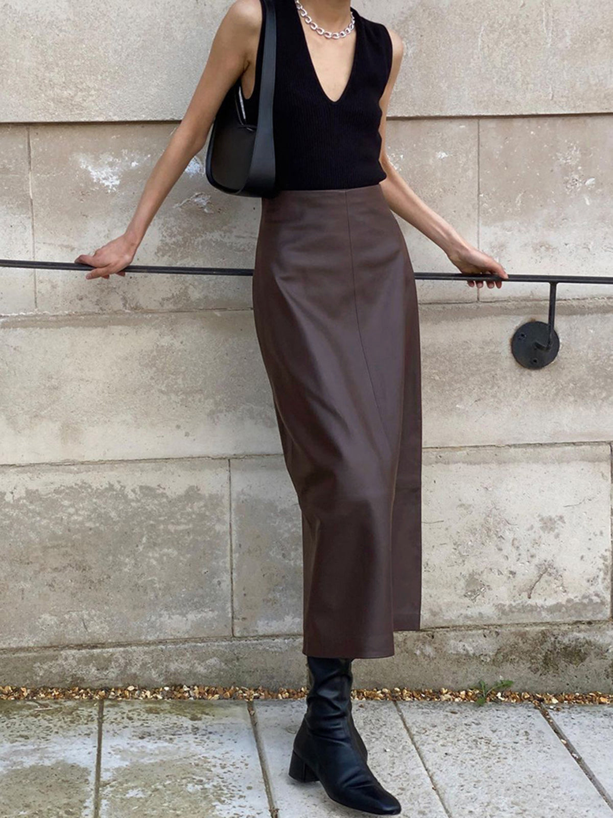 Essential Leather Slit Midi Skirt
