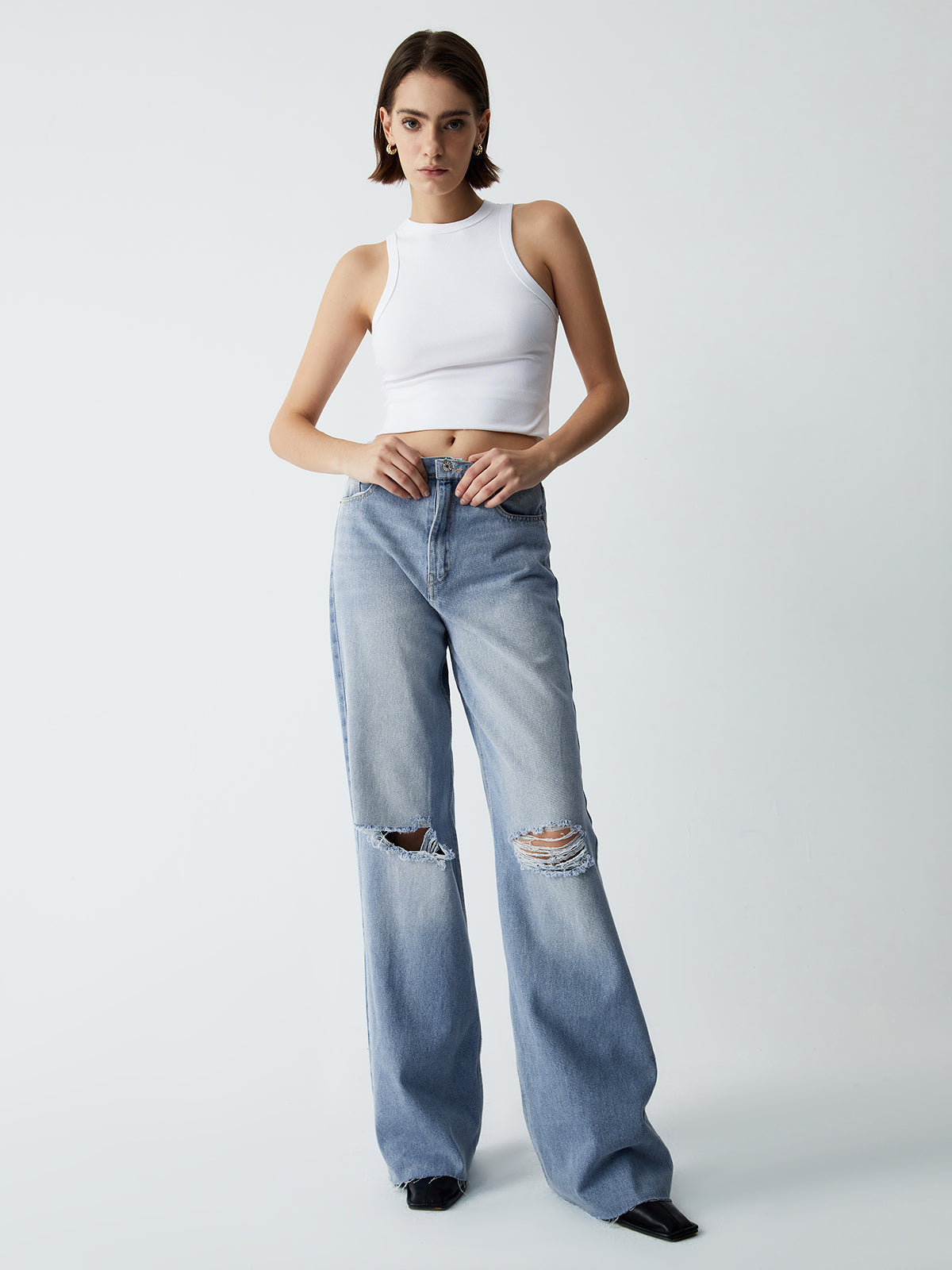 Distressed Detail Denim Wide Leg Jeans