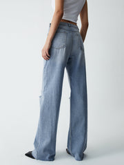 Distressed Detail Denim Wide Leg Jeans