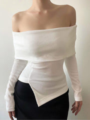 Overfold Off-Shoulder Oblique Hem Long Sleeve Top