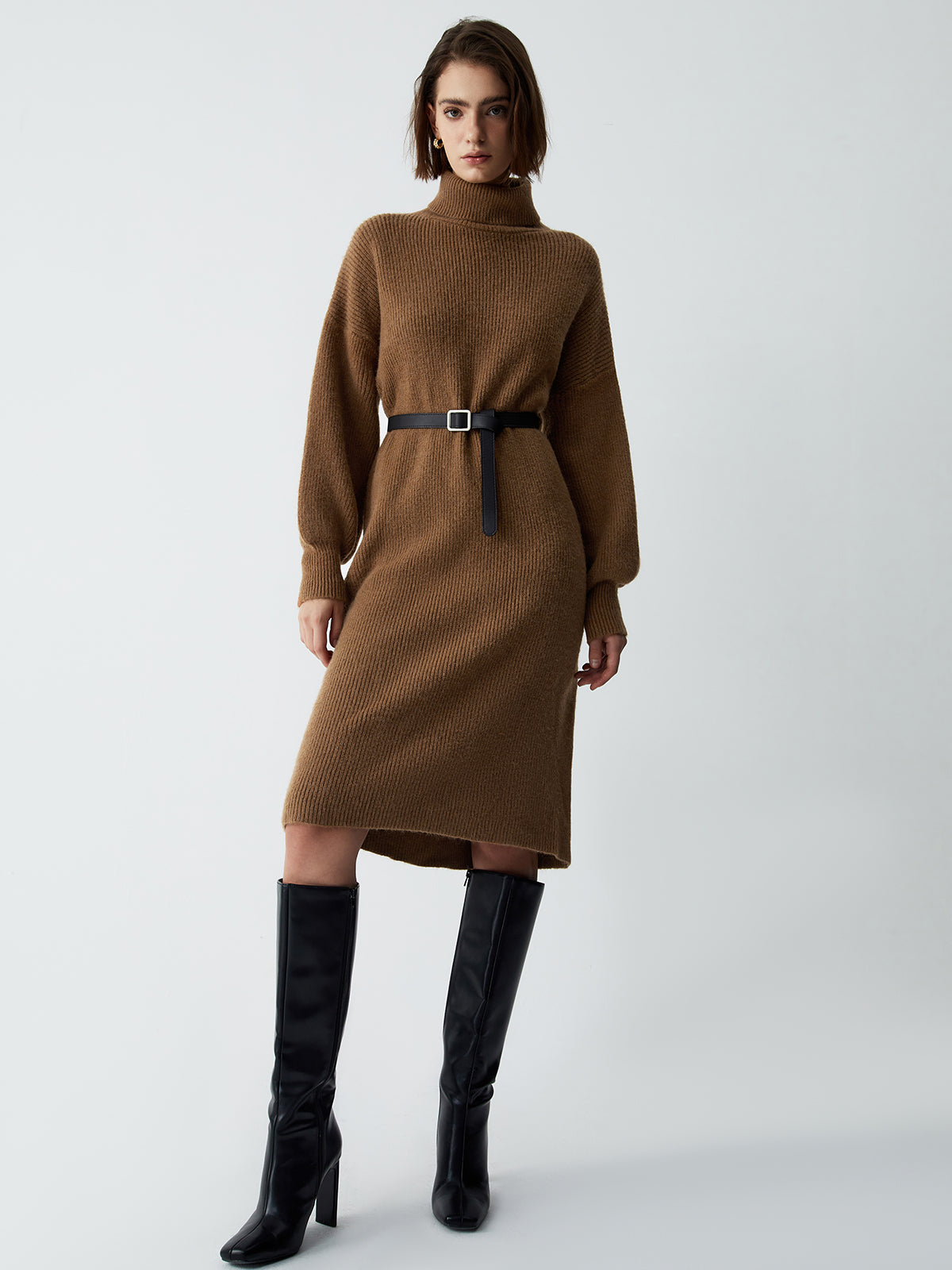 Terracotta Turtleneck Long Sleeve Midi Sweater Dress