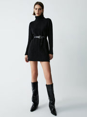 Belted Cable Knit Mock Neck Short Sweater Dress