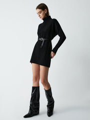 Belted Cable Knit Mock Neck Short Sweater Dress