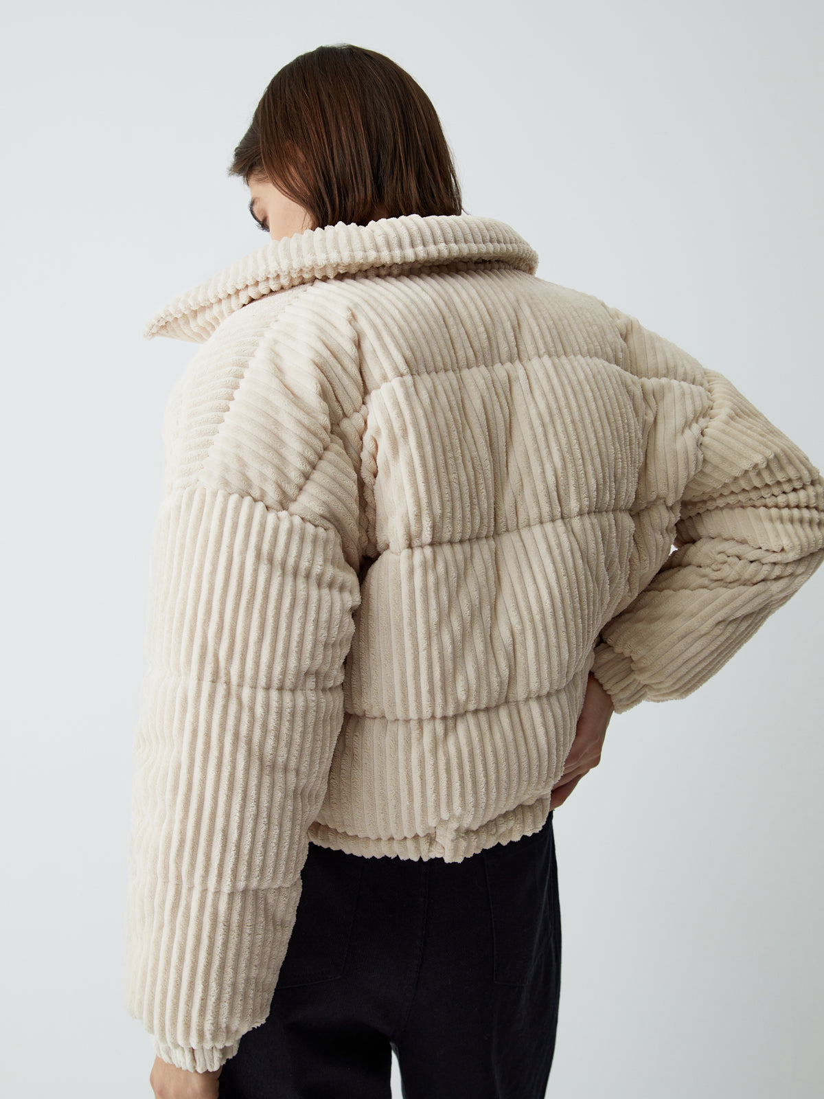 Corduroy Open Collar Puffer Coat