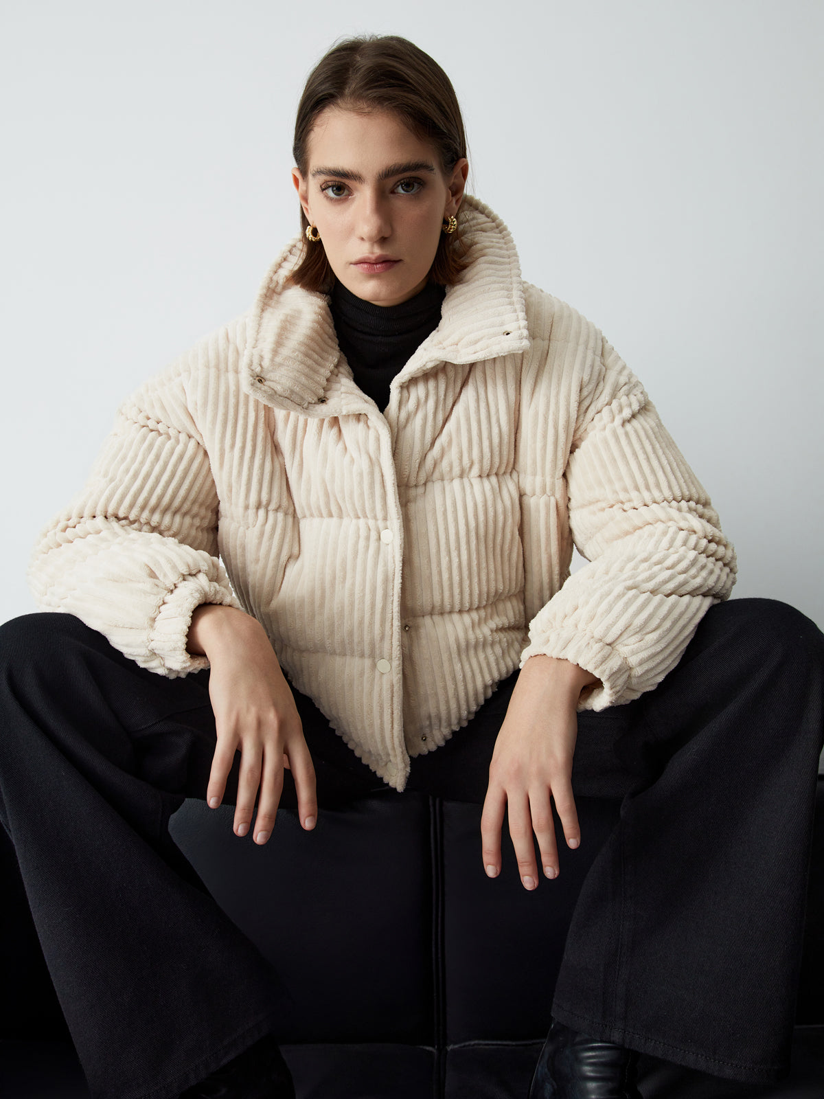 Corduroy Open Collar Puffer Coat