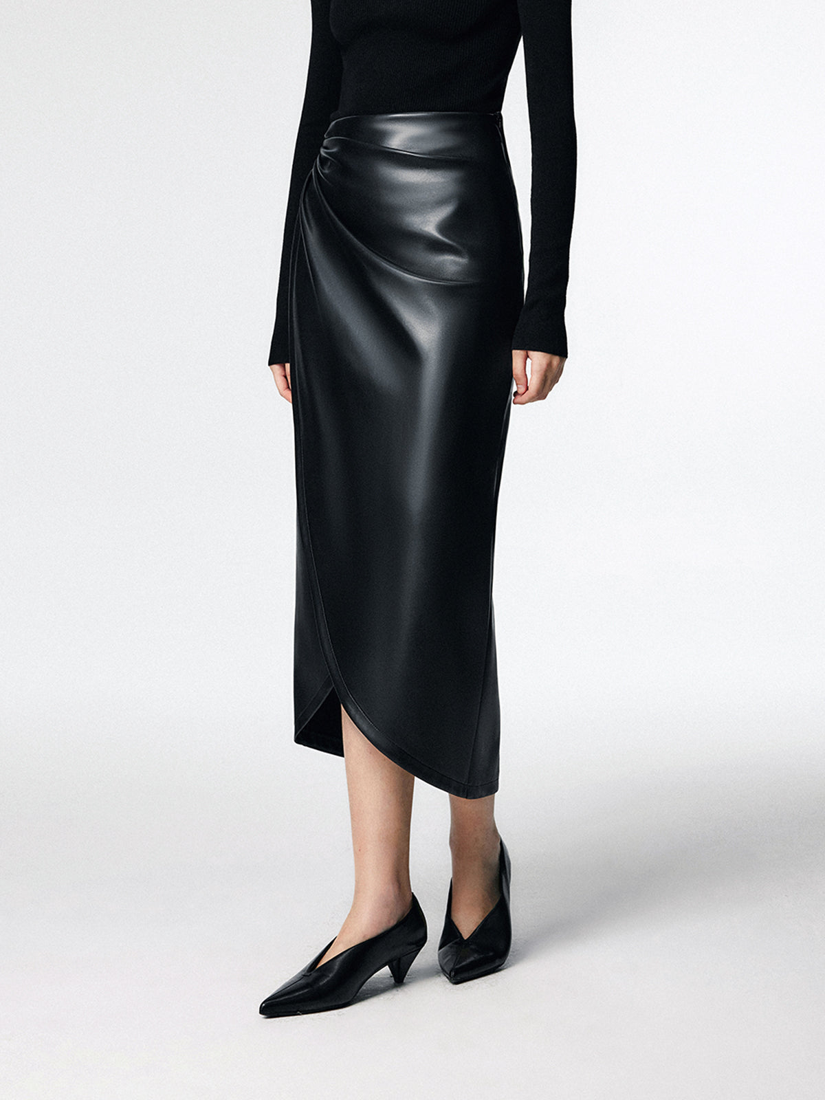 Leather Ruched Midi Skirt