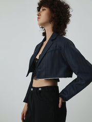 Double Lined Pinstripe Raw Hem Crop Blazer