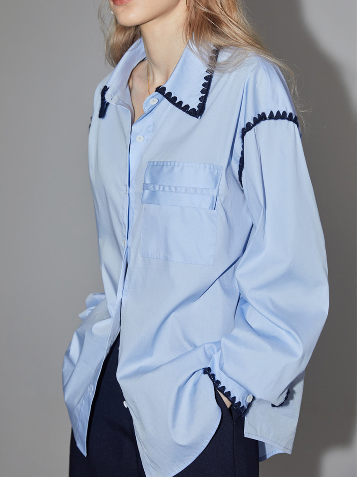 Baby Blue Embroidered Trim Shirt