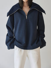 Open Collar Zip Up Oversized Sweatshirt