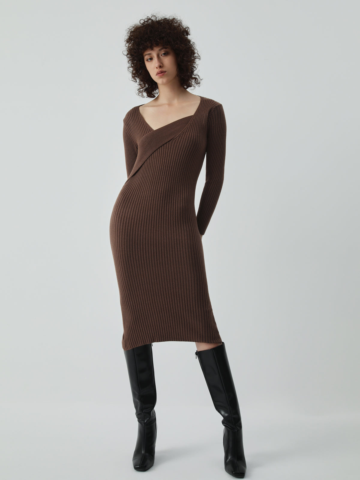 Asymmetric Wrap Long Sleeve Midi Sweater Dress