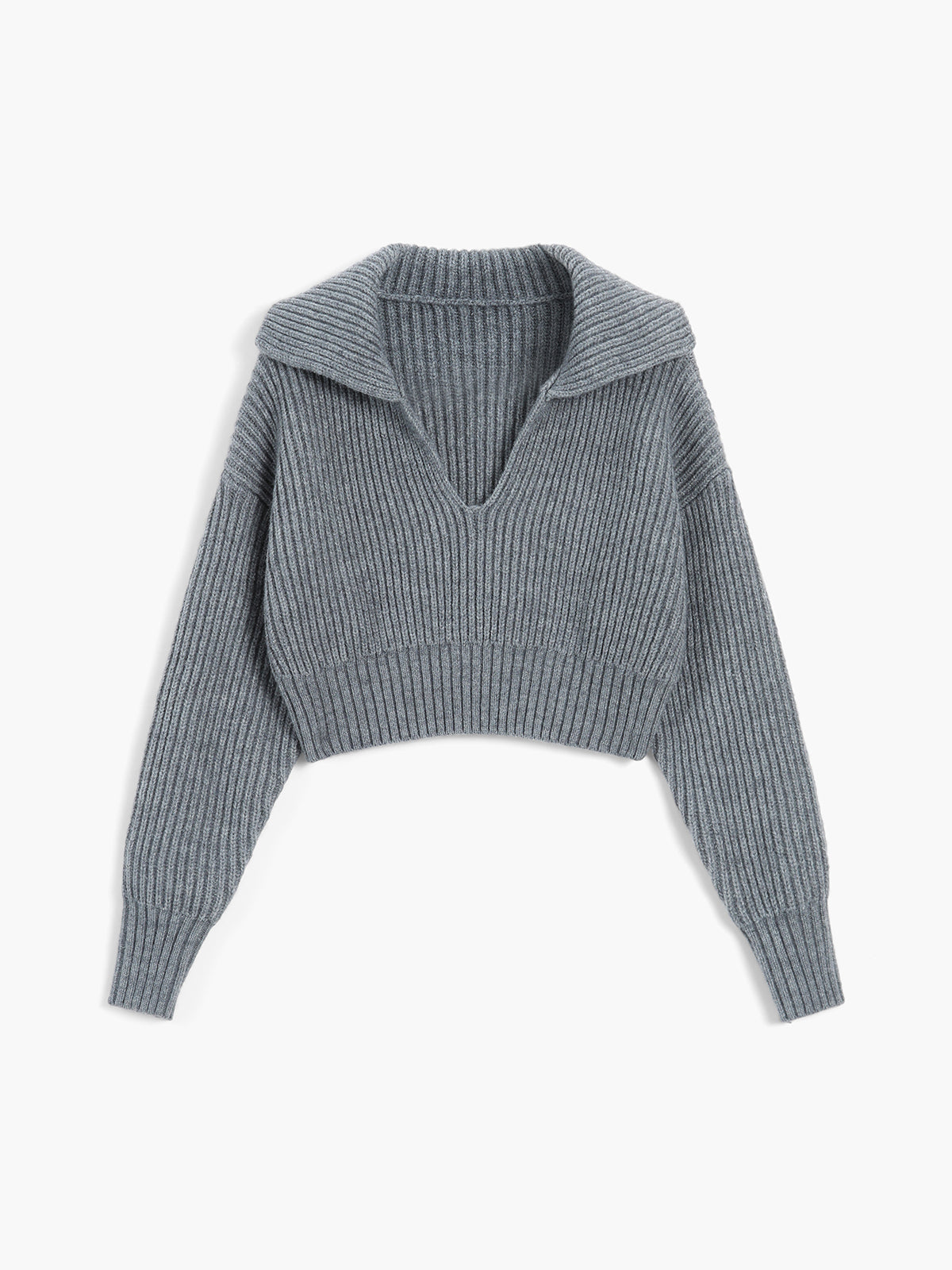 Rib Solid Crop Collared Pullover Sweater