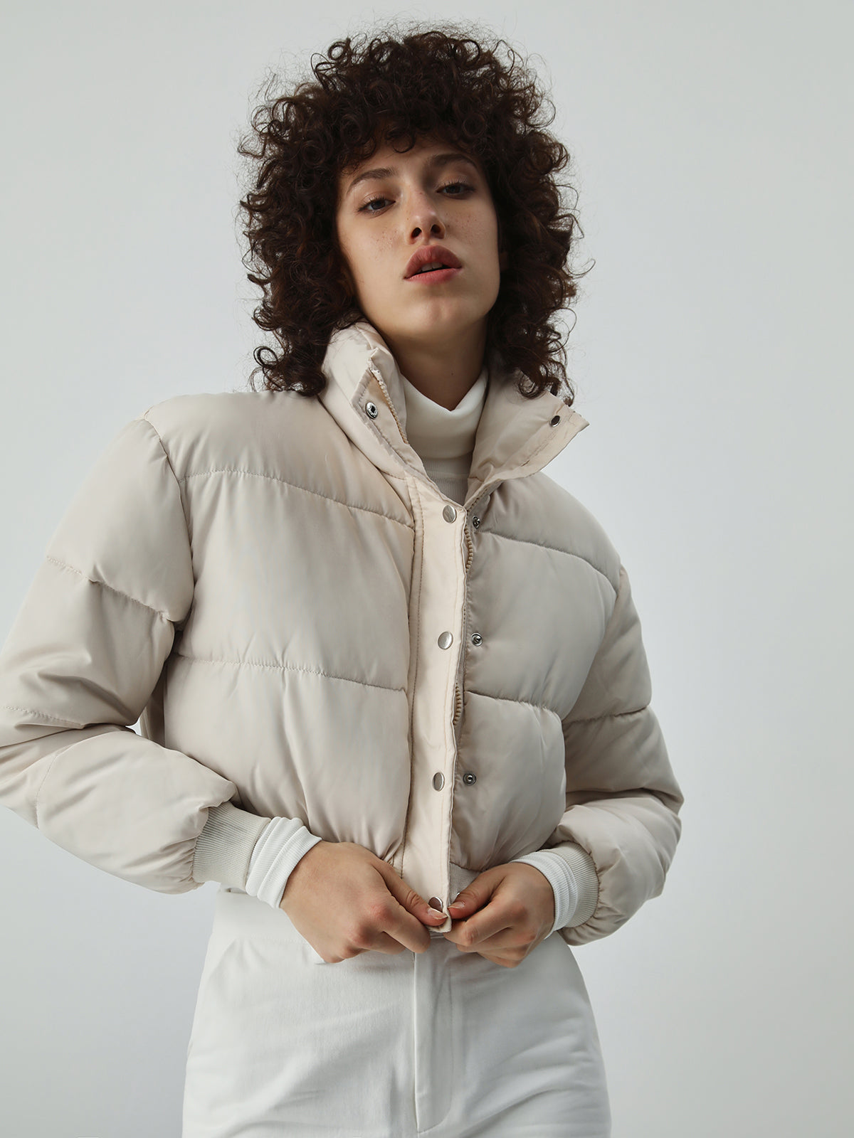 Zip Up Qulited Puffer Stand Collar Crop Coat