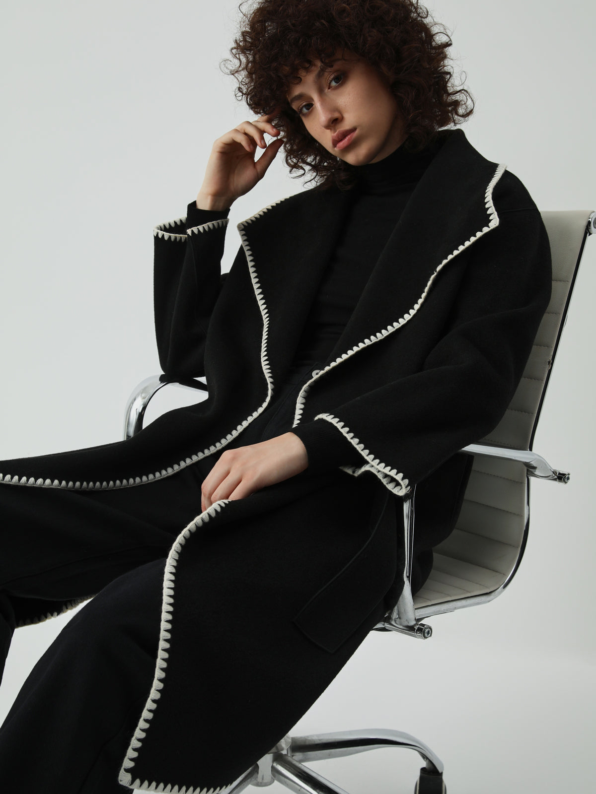 Embroidered Trim Longline Coat