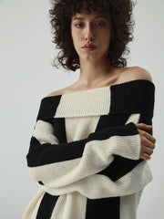 Overfold Off Shoulder Stripe Long Sleeve Knit Top