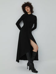 Asymmetric Wrap Long Sleeve Slit Midi Dress