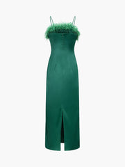 Emerald Green Fuzzy Trim Satin Midi Dress