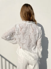 Embroidered Fuzzy Floral Detail See Through Shirt